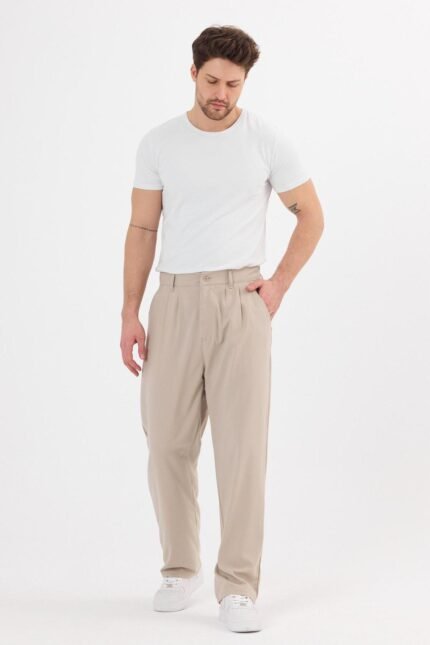 Çift Pileli Baggy Bej Pantolon