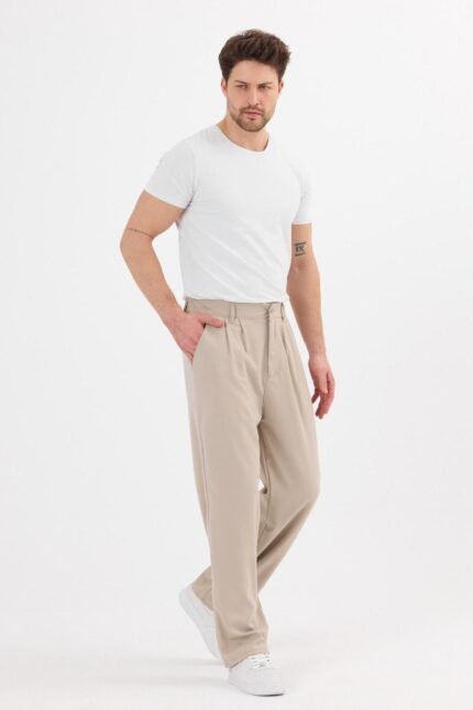 Çift Pileli Baggy Bej Pantolon