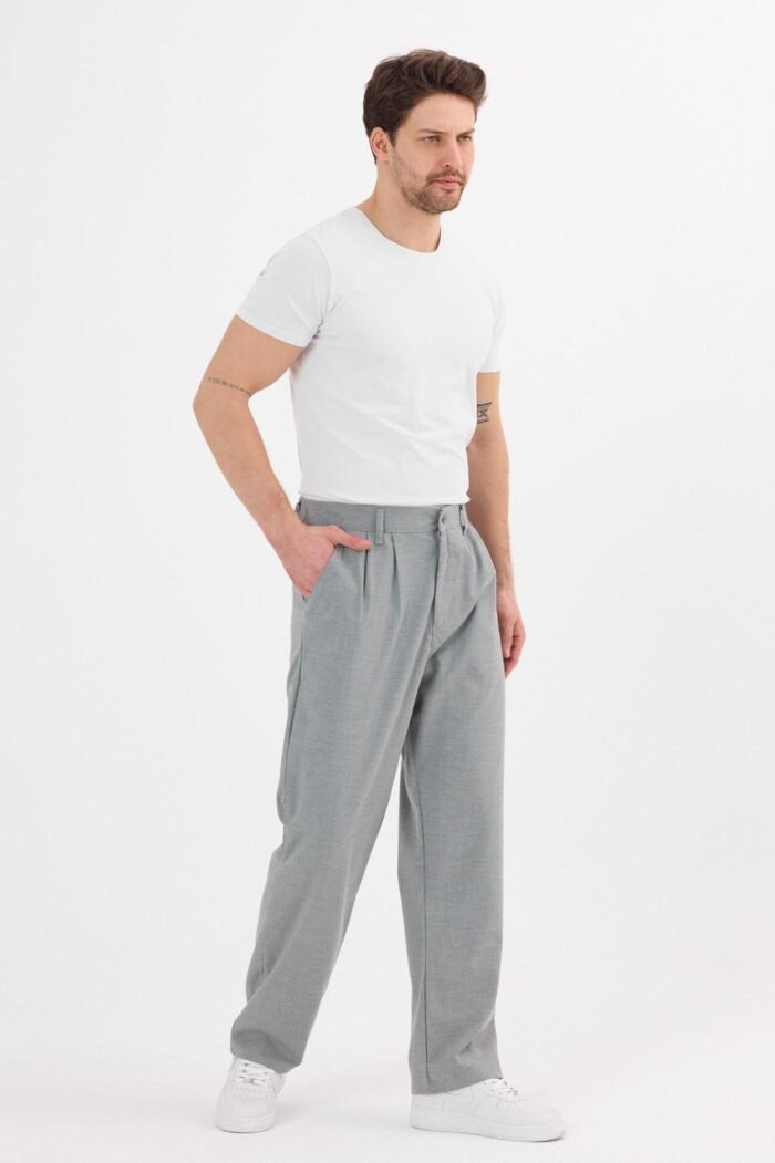 Çift Pileli Baggy Gri Pantolon