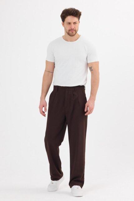 Çift Pileli Baggy Kahverengi Pantolon