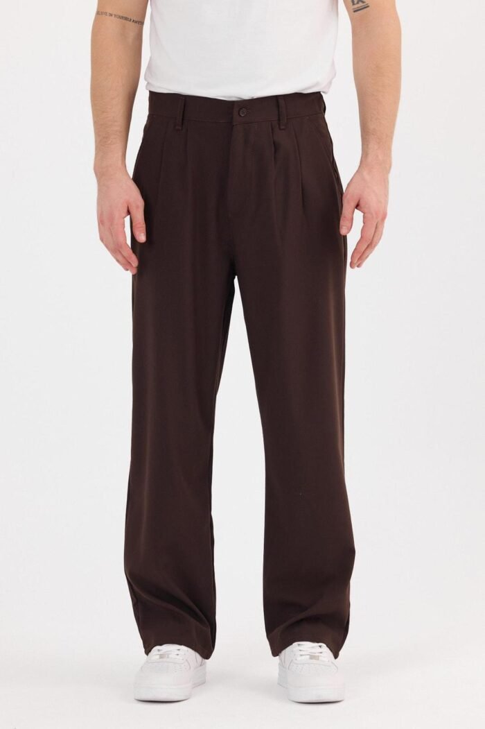 Çift Pileli Baggy Kahverengi Pantolon