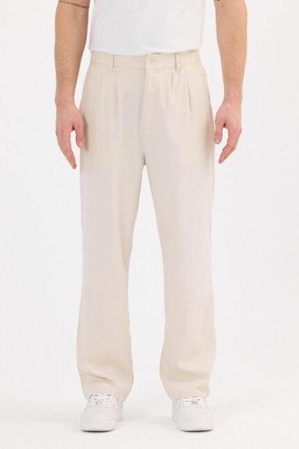 Çift Pileli Baggy Krem Pantolon