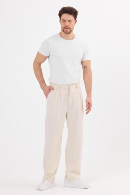 Çift Pileli Baggy Krem Pantolon