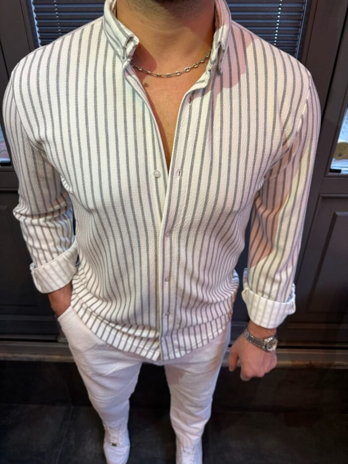 Gri Çizgili Full Likralı Gömlek Kalıp: Slim Fit