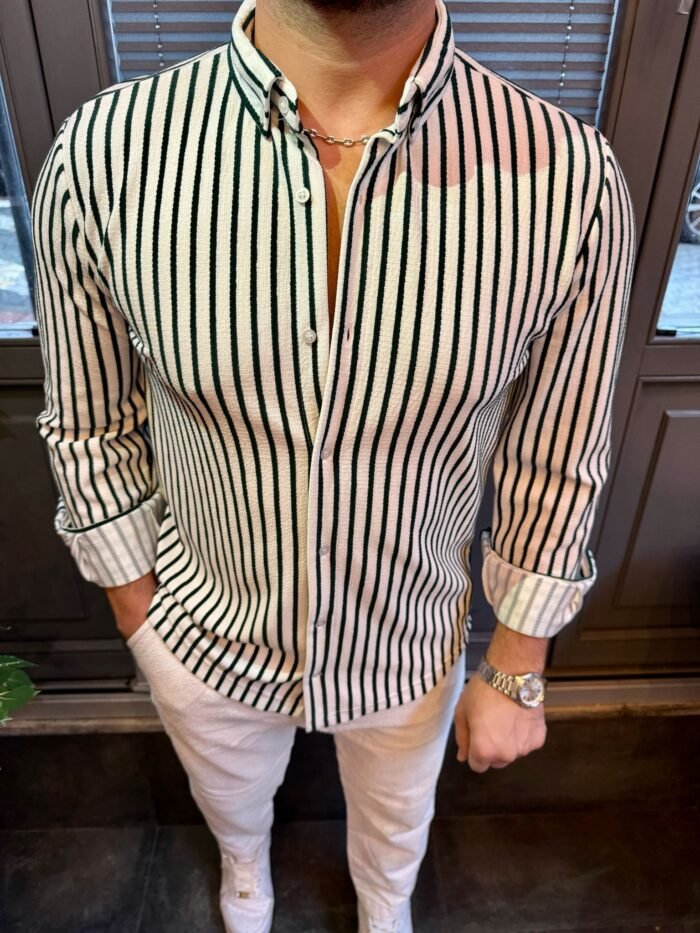 Yeşil Çizgili Full Likralı Gömlek Kalıp: Slim Fit