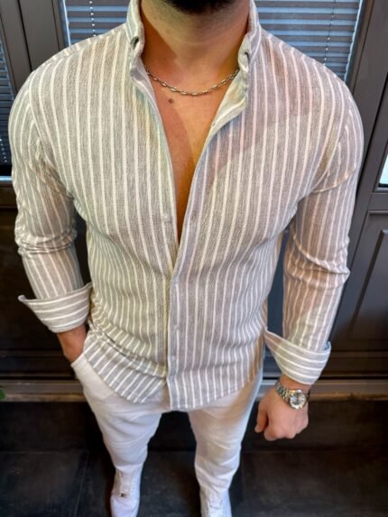 Gri Renk Çizgili Full Likralı Gömlek Kalıp: Slim Fit