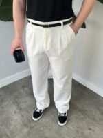 Beyaz Çift Pileli Keten Baggy Pantolon