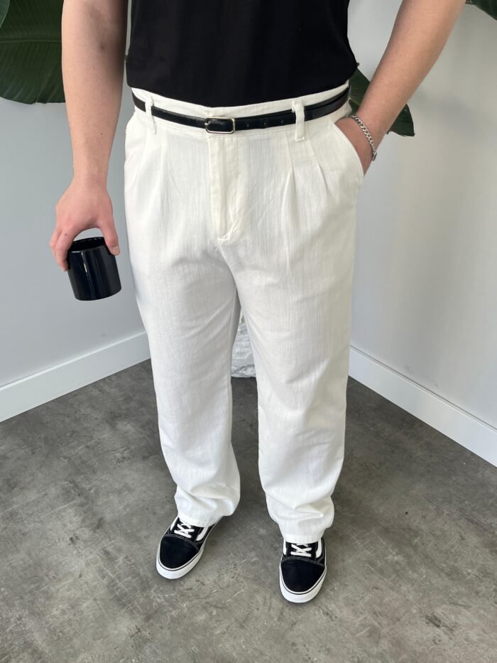 Beyaz Çift Pileli Keten Baggy Pantolon