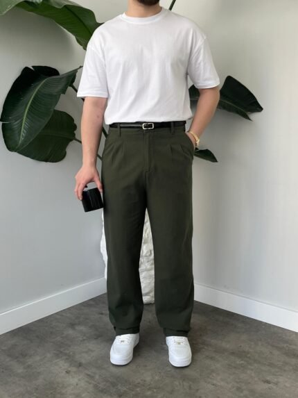 Haki Çift Pileli Keten Baggy Pantolon