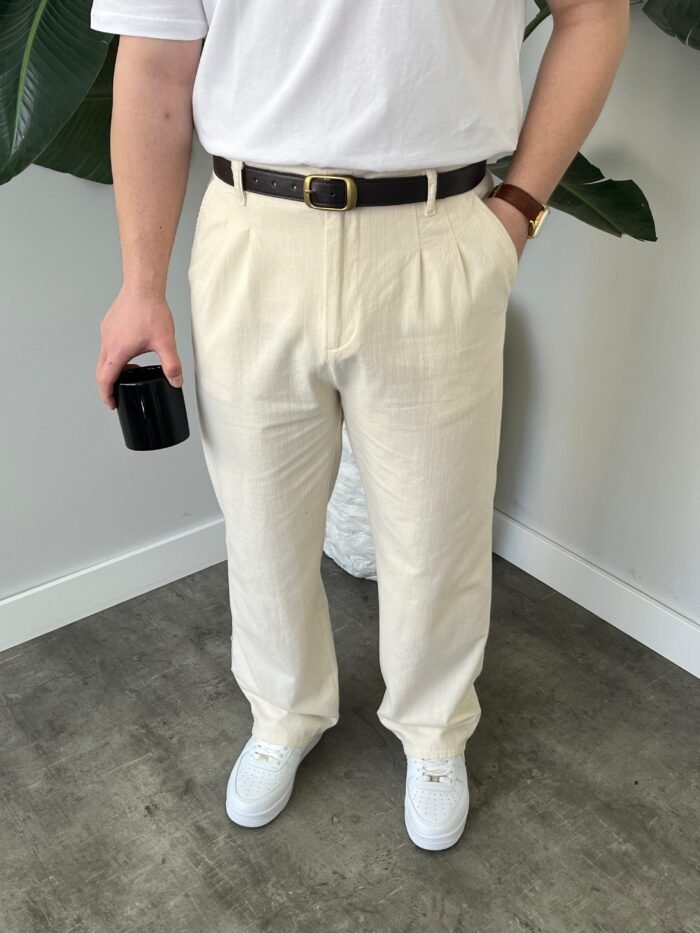 Krem Çift Pileli Keten Baggy Pantolon