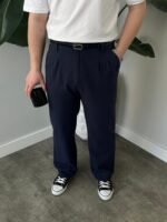 Lacivert Çift Pileli Keten Baggy Pantolon
