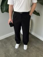 Siyah Çift Pileli Keten Baggy Pantolon