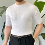 King Club Moda beyaz çizgili renkli desen bisiklet yaka triko