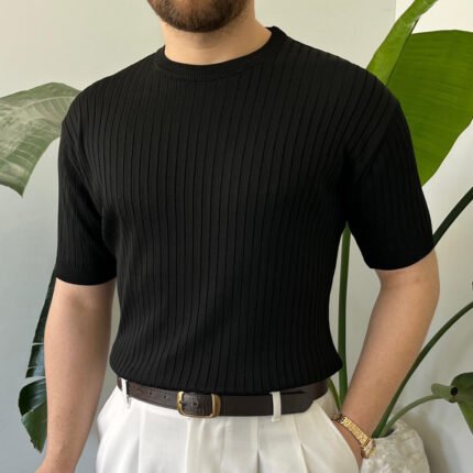 King Club Moda siyah çizgili bisiklet yaka triko erkek giyim