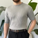 King Club Moda gri melanj çizgili bisiklet yaka triko tişört