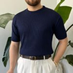 King Club Moda lacivert çizgili ince triko bisiklet yaka