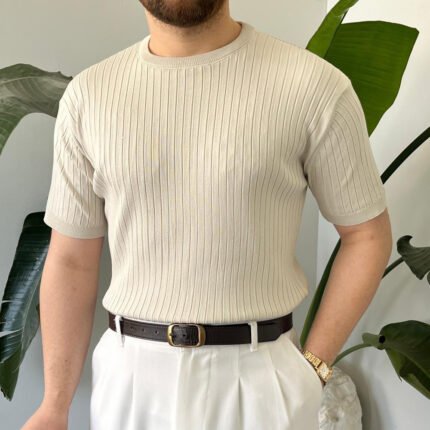 King Club Moda bej çizgili yumuşak dokulu bisiklet yaka triko