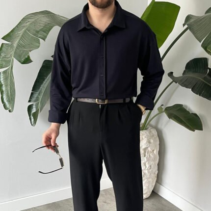 King Club Moda lacivert likralı modal gömlek klasik model