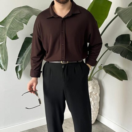 King Club Moda acı kahve likralı modal gömlek rahat kalıp