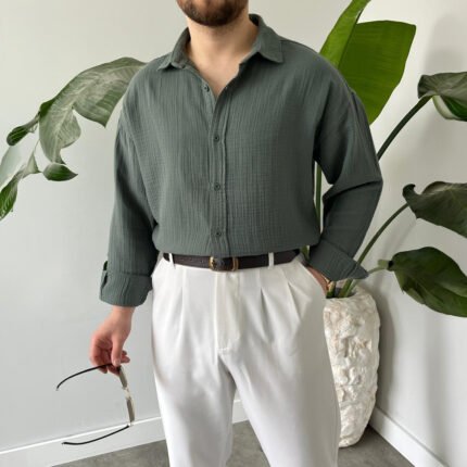 King Club Moda mint yeşili müslin gömlek serin tutan kumaş