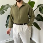 King Club Moda haki yeşil müslin gömlek şık tasarım