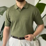 King Club Moda haki yeşil çizgili polo yaka triko erkek giyim