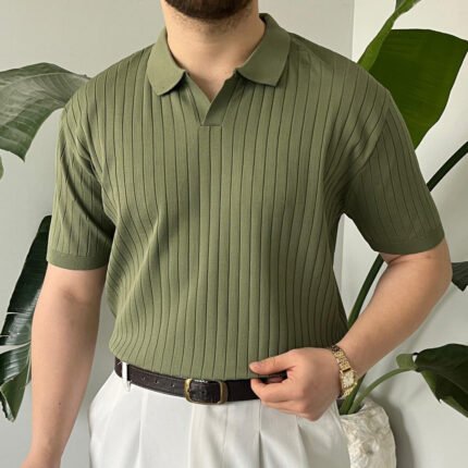 King Club Moda haki yeşil çizgili polo yaka triko erkek giyim