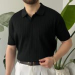 King Club Moda siyah çizgili polo yaka triko modern görünüm