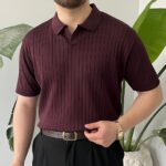 King Club Moda mürdüm renk çizgili polo yaka triko şık tasarım