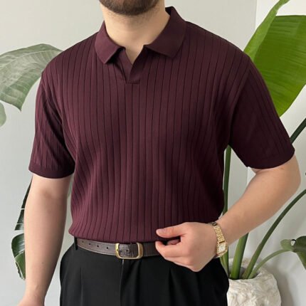 King Club Moda mürdüm renk çizgili polo yaka triko şık görünüm