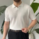 King Club Moda beyaz çizgili polo yaka triko şık model