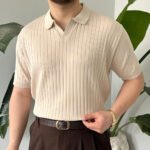 King Club Moda bej renk çizgili polo yaka triko günlük kombin