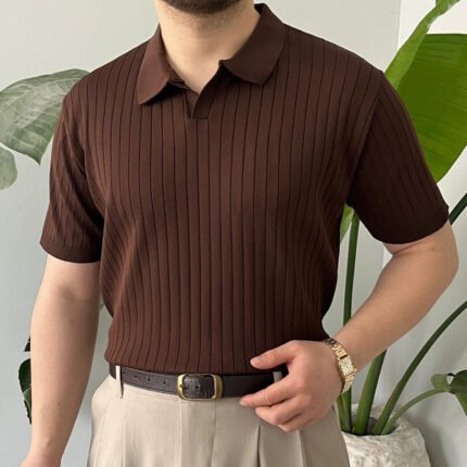 King Club Moda acı kahve çizgili polo yaka triko