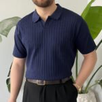 King Club Moda lacivert çizgili polo yaka triko klasik model