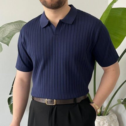 King Club Moda lacivert çizgili polo yaka triko klasik tasarım