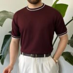 King Club Moda bordo renk şık bisiklet yaka triko tişört