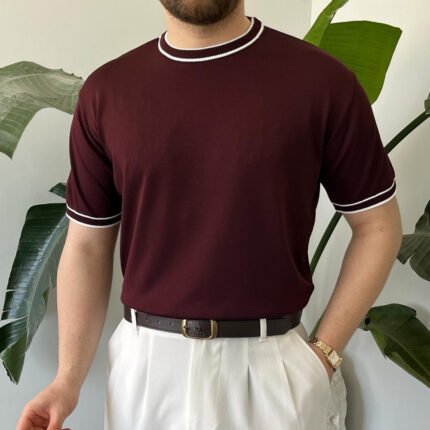 King Club Moda bordo renk şık bisiklet yaka triko tişört