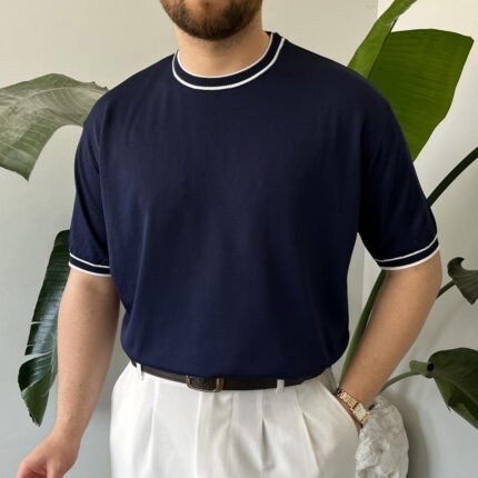 King Club Moda lacivert yüksek kalite bisiklet yaka triko tişört