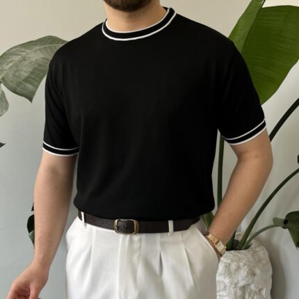 King Club Moda siyah triko tişört bisiklet yaka günlük kombin