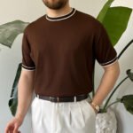 King Club Moda kahverengi toprak tonu bisiklet yaka triko tişört