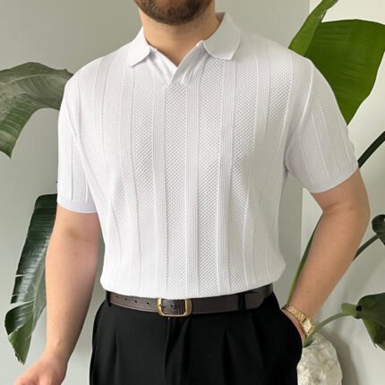 King Club Moda beyaz desenli polo yaka triko tişört modeli