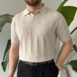 King Club Moda bej renk desenli polo yaka triko günlük kombin