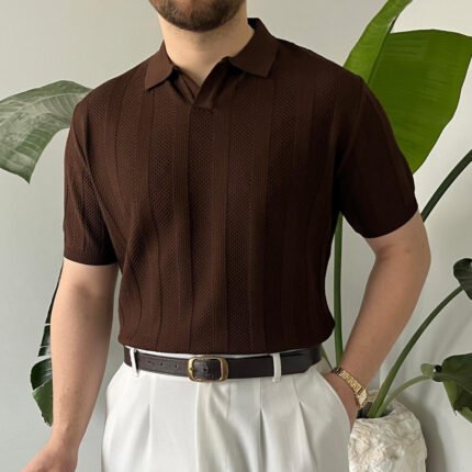 King Club Moda acı kahve desenli polo yaka triko şık tasarım